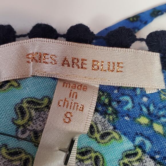 Skies Are Blue Sleeveless Romper Blue Teal White Patchwork Pom Pom Size Small - Picture 9 of 11